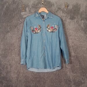 Vintage Noahs Arch Embroidered Button Up Long Sleeve Womens Size Medium